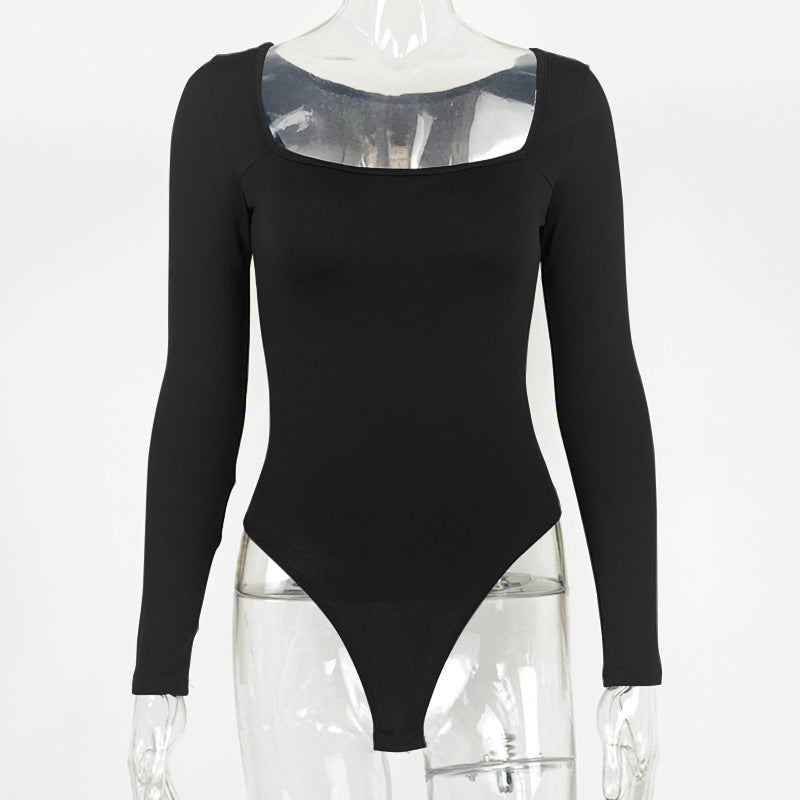 Bodysuit with Square Neck and Long Sleeves - black front mannequin view