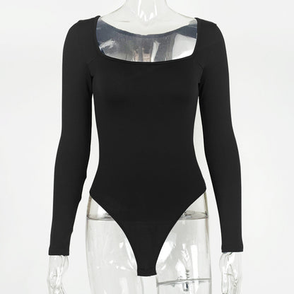 Bodysuit with Square Neck and Long Sleeves - black front mannequin view