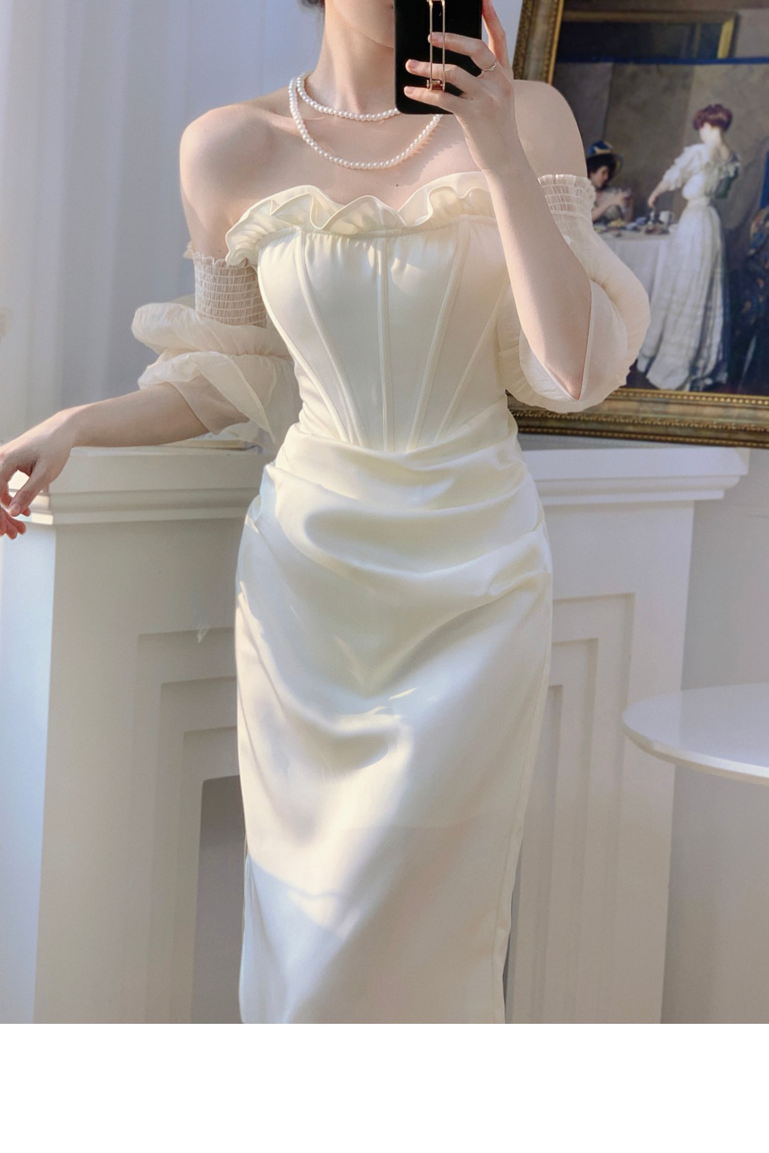 Maxi Dress in Ivory Satin with Sheer Sleeves - ivory off-shoulder front view