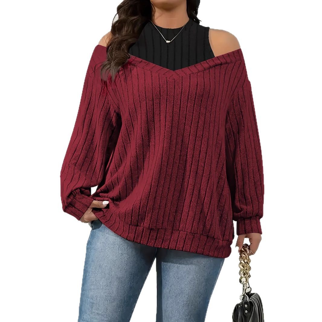 Knit Top in Wine Red with Cold-Shoulder Contrast Panel - wine red full-length front view