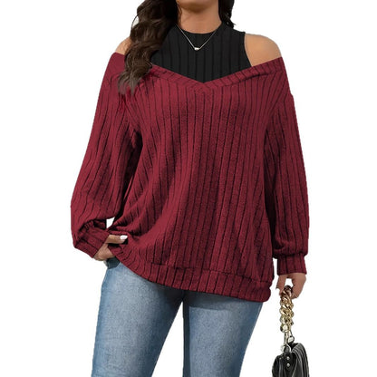 Knit Top in Wine Red with Cold-Shoulder Contrast Panel - wine red full-length front view