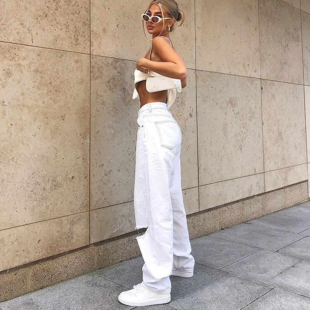 Jeans in White Distressed Baggy Denim - side view relaxed straight leg