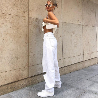 Jeans in White Distressed Baggy Denim - side view relaxed straight leg