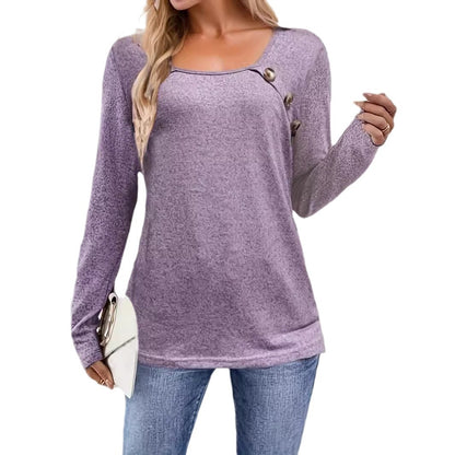 Knit Top in Lilac with Button-Shoulder Detail - soft lilac angled front view