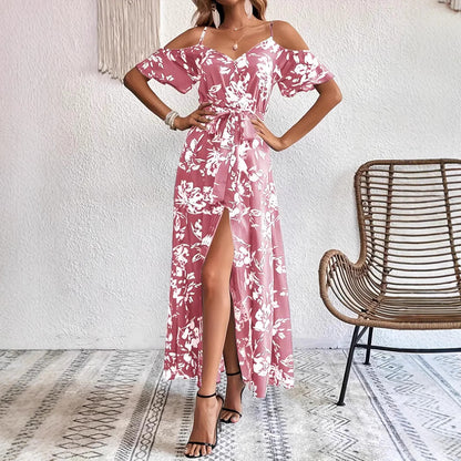 Maxi Dress in Floral Bardot Split-Hem - pink front view