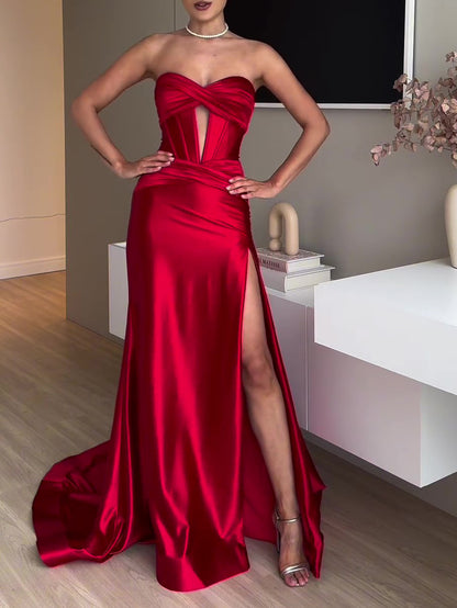 Maxi Evening Dress in Red Satin with Slit and Sheer Bodice - red satin angled front view with thigh slit