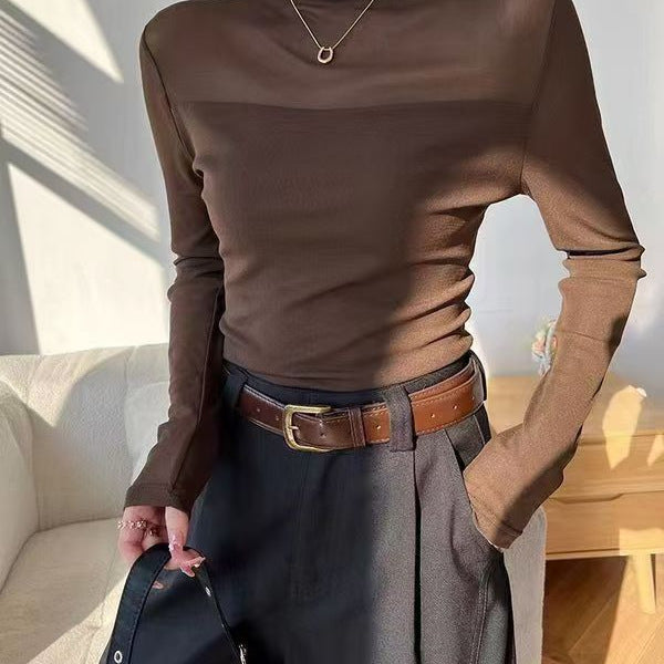 Mesh Top with Semi-High Neck and Long Sleeves - brown styled outfit view