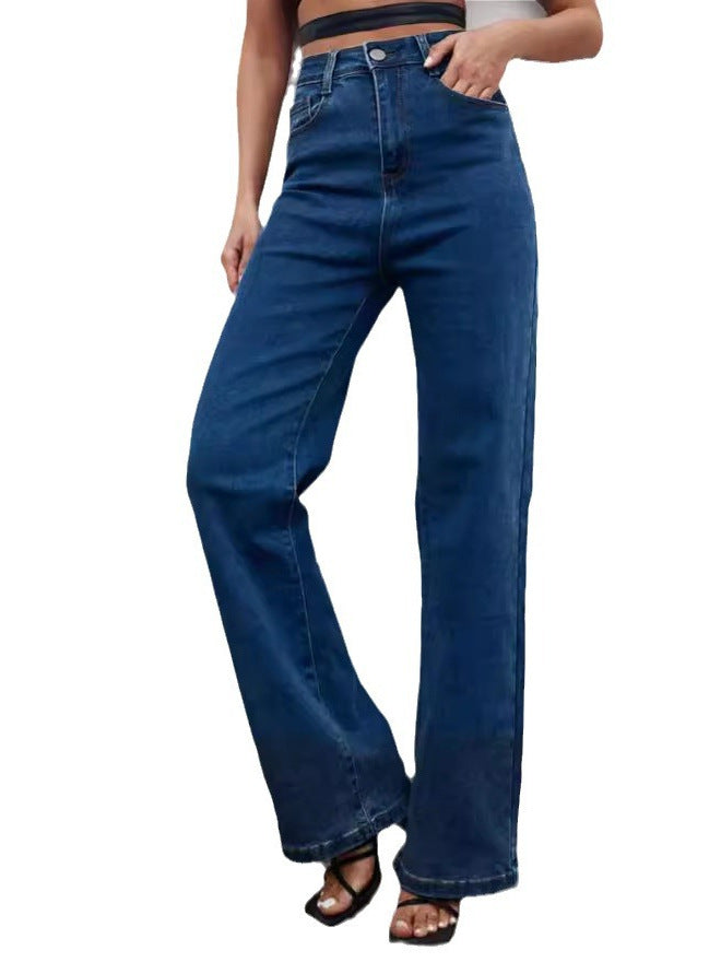 Wide-Leg Jeans in High-Waist Stretch Denim - dark blue styled side view