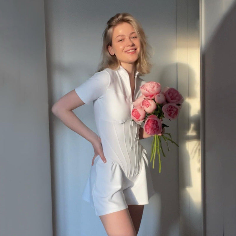 Playsuit with Zip Front and Flared Shorts - white angled lifestyle