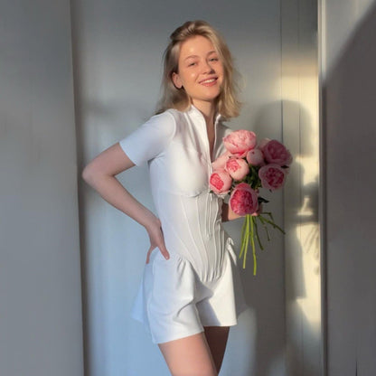 Playsuit with Zip Front and Flared Shorts - white angled lifestyle