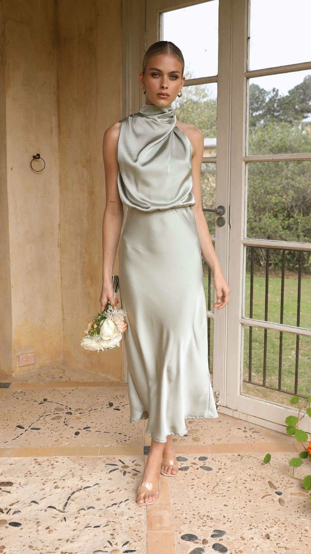Maxi Dress with Draped Halterneck and Satin-Feel Finish - Light Green front view