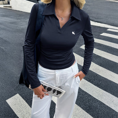 Polo Top with Long Sleeves and Waist Ruching - dark blue front street styling