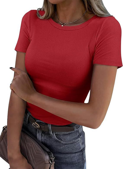 T-Shirt in Sculpting Ribbed Stretch - red front view