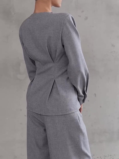 Asymmetric V-Neck Top & Wide-Leg Trouser Co-Ord in Grey - grey back waist detail
