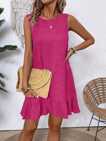 Mini Dress with Ruffle Hem and Sleeveless Swing Fit - rose red front view with swing hem