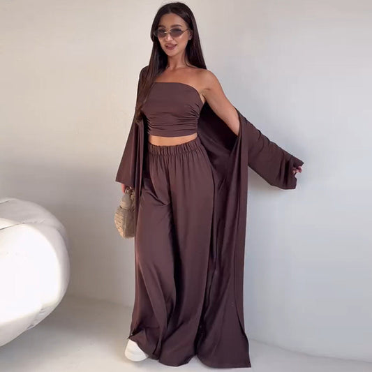 Wide-Leg Trouser Three-Piece Co-Ord Set in Dark Brown, Black & White - dark brown front view