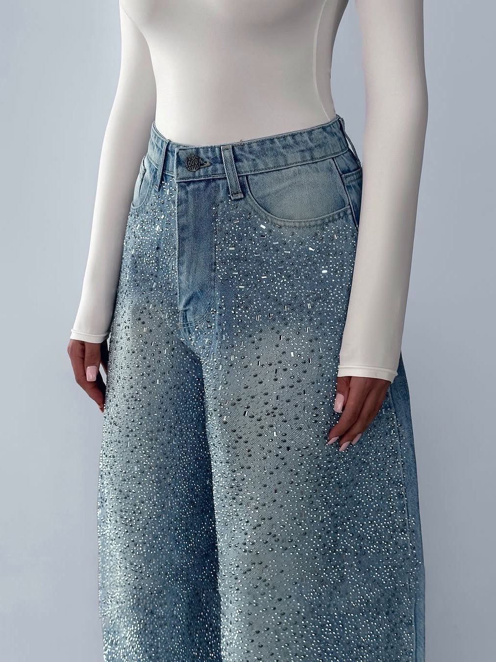 Rhinestone Wide-Leg Puddle Jeans in Blue - angled front view