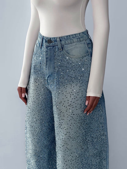 Rhinestone Wide-Leg Puddle Jeans in Blue - angled front view
