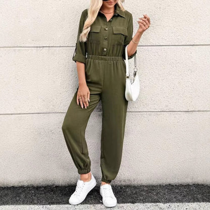 Jumpsuit with Utility Shirt Top in Blue & Khaki - khaki front view with shoulder bag