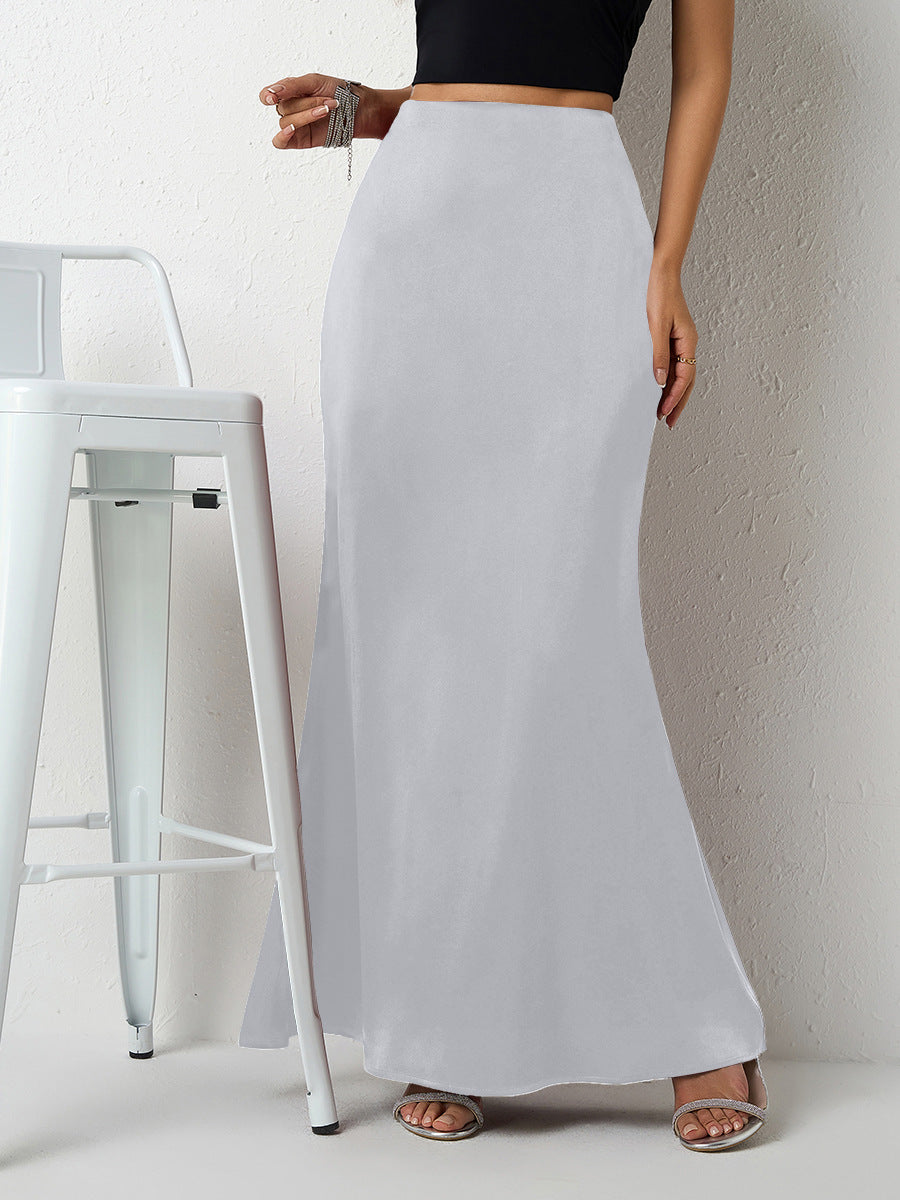 Maxi Skirt in Satin Bias Cut - Silver front view with stool