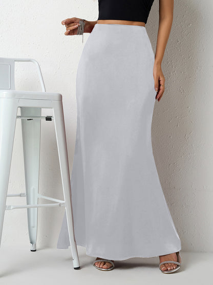 Maxi Skirt in Satin Bias Cut - Silver front view with stool