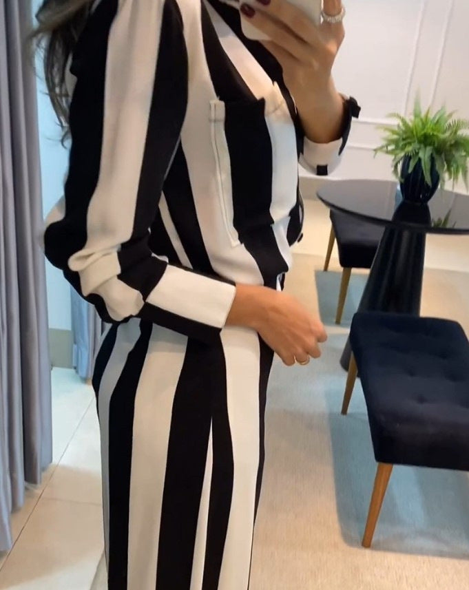Shirt & Wide-Leg Trouser Co-ord in Black and White Stripe - close-up of stripe detail