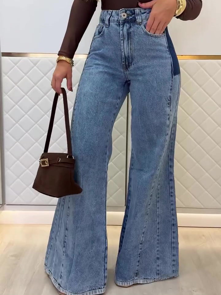 Light Blue High-Waisted Contrast Panel Flared Jeans - light blue front close-up of high waist and flared leg