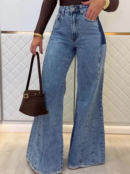 Light Blue High-Waisted Contrast Panel Flared Jeans - light blue front close-up of high waist and flared leg