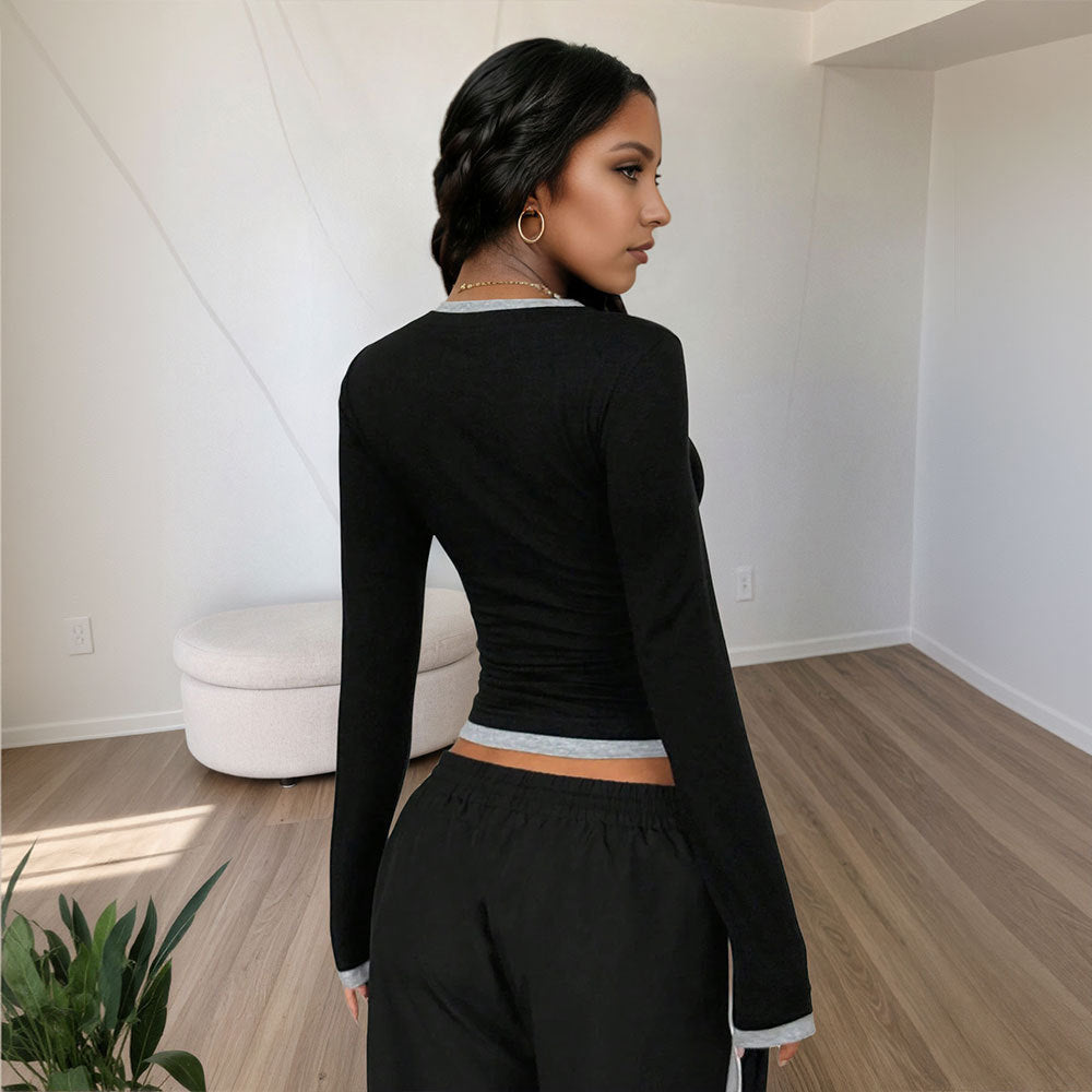 Top in Black with Contrast V-Neck and Long Sleeves - black back view