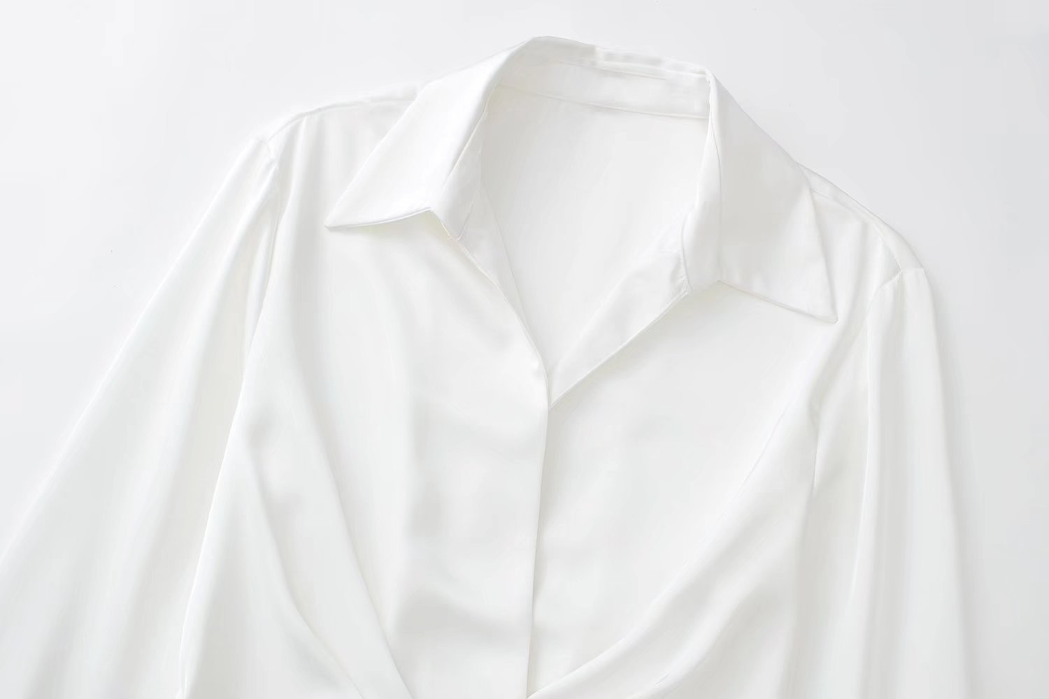 Mini Shirt Dress with Satin-Feel Drape Waist - white satin collar close-up