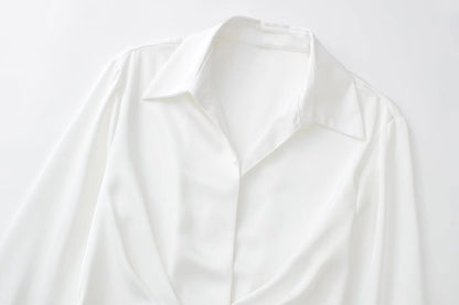 Mini Shirt Dress with Satin-Feel Drape Waist - white satin collar close-up