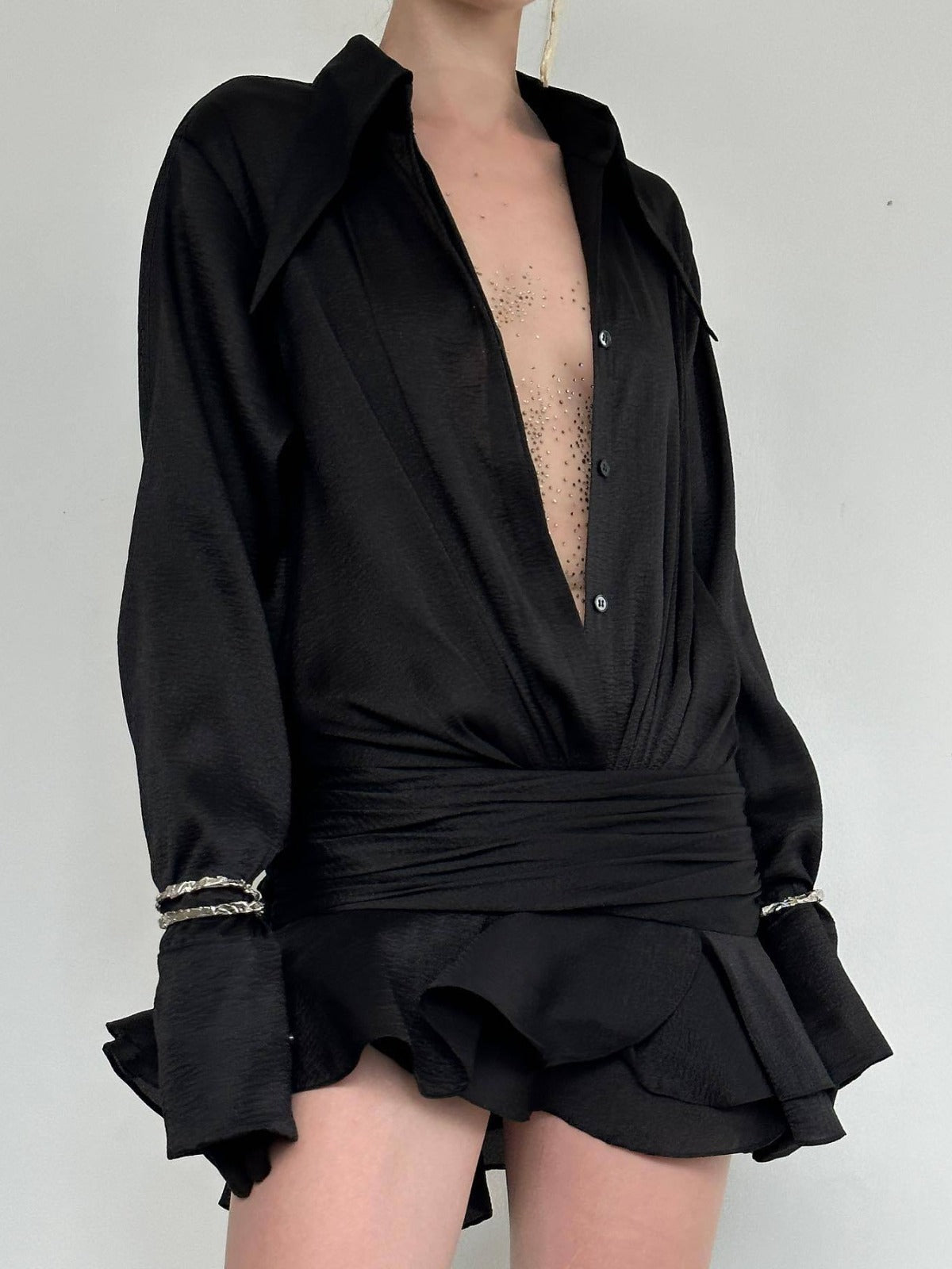 Shirt Dress with Draped Waist & Ruffle Hem - black close-up draped bodice