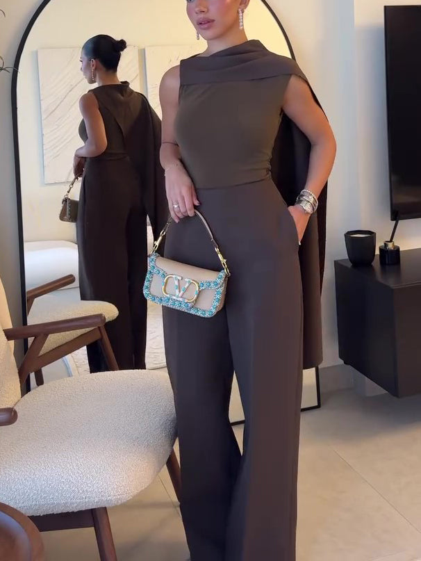 Brown Scarf-Drape Top & High-Waist Wide-Leg Trousers Co-ord – three-quarter front view, full outfit