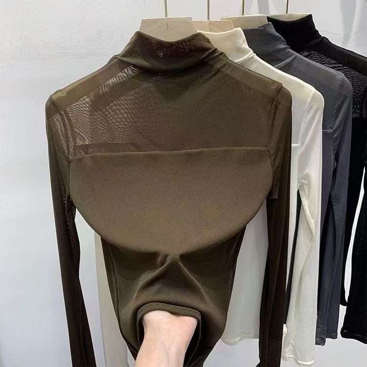 Mesh Top with Semi-High Neck and Long Sleeves - brown front hanger view