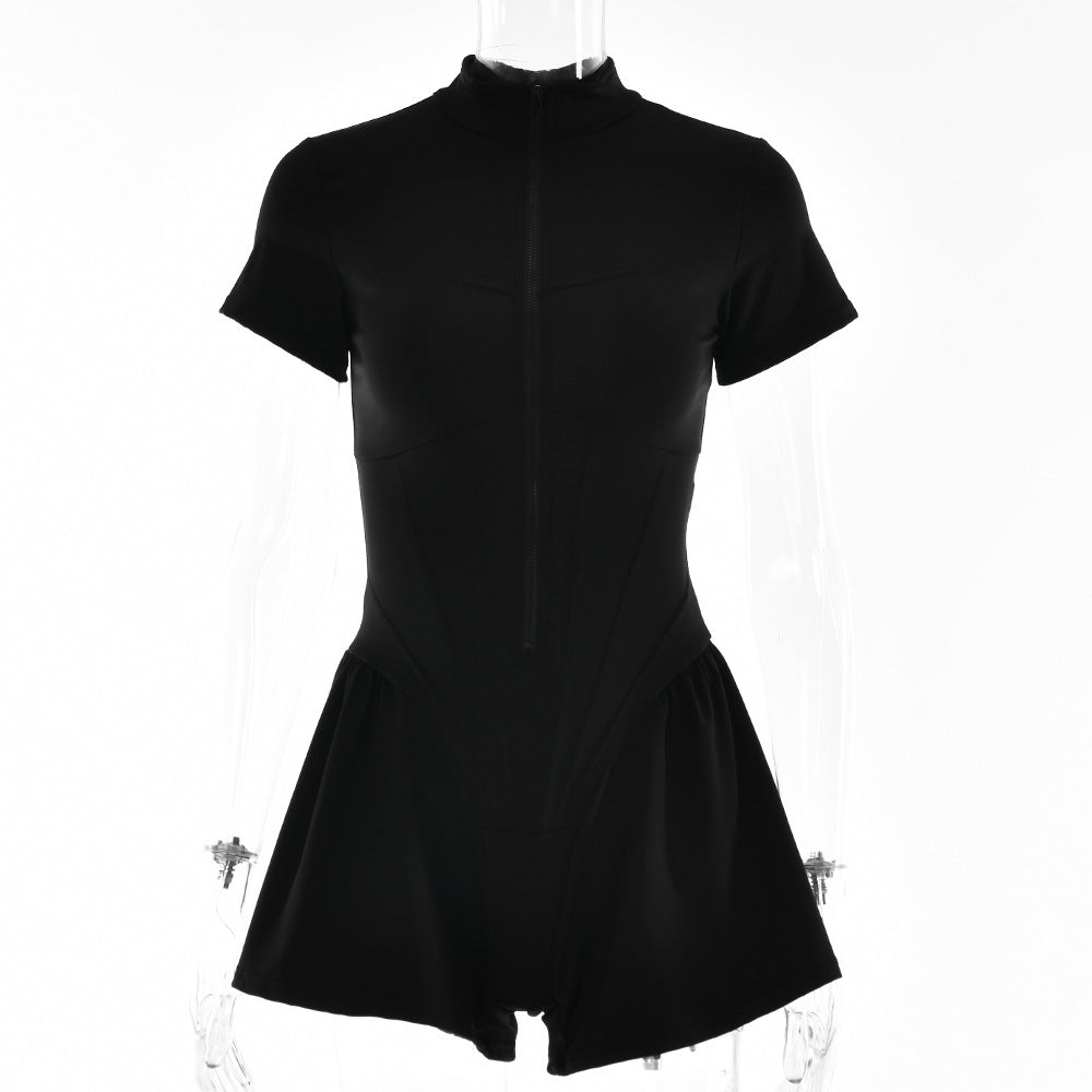 Playsuit with Zip Front and Flared Shorts - black front view