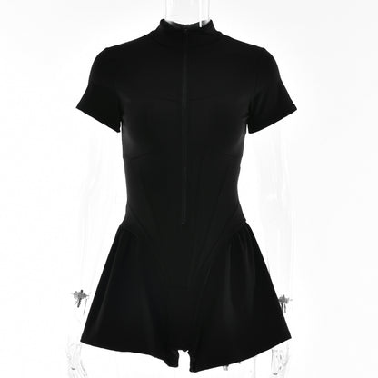 Playsuit with Zip Front and Flared Shorts - black front view