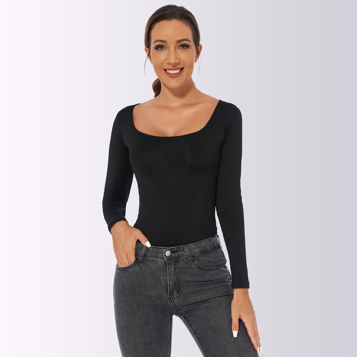 Bodysuit with Square Neck and Long Sleeves - black styled tucked into jeans
