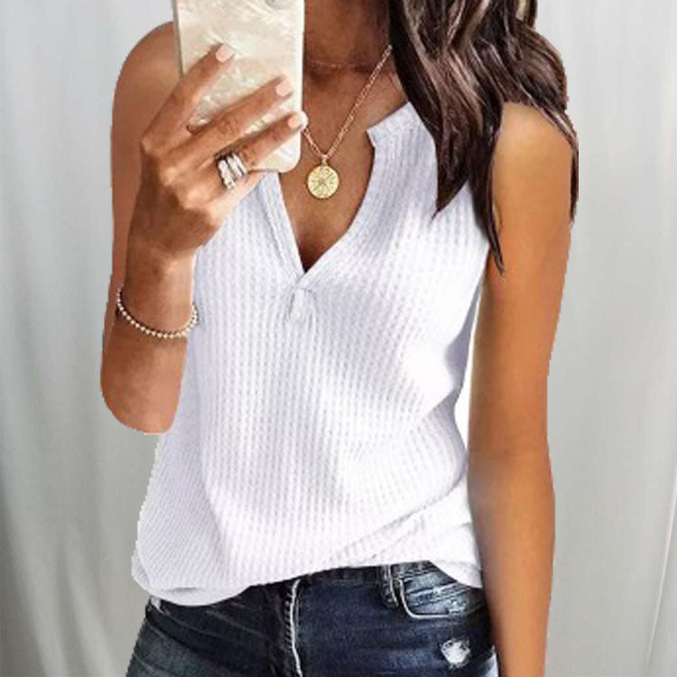 Vest Top in Ribbed Knit with Crossover V-Neck - white front view