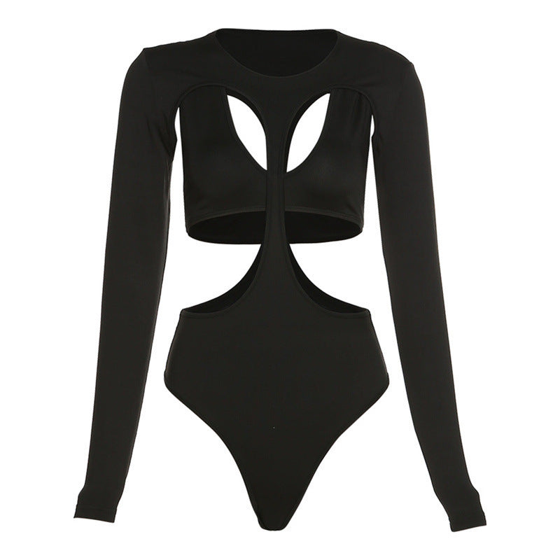 Bodysuit in Black with Open Back and Front Cut-Outs - black flat lay front
