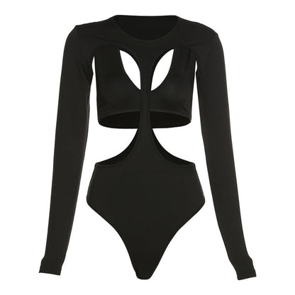 Bodysuit in Black with Open Back and Front Cut-Outs - black flat lay front