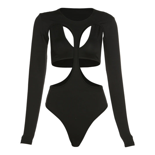 Bodysuit in Black with Open Back and Front Cut-Outs - black flat lay front