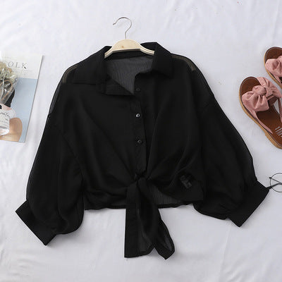 Cover-Up Shirt in Sheer Chiffon with Tie Front - black front view
