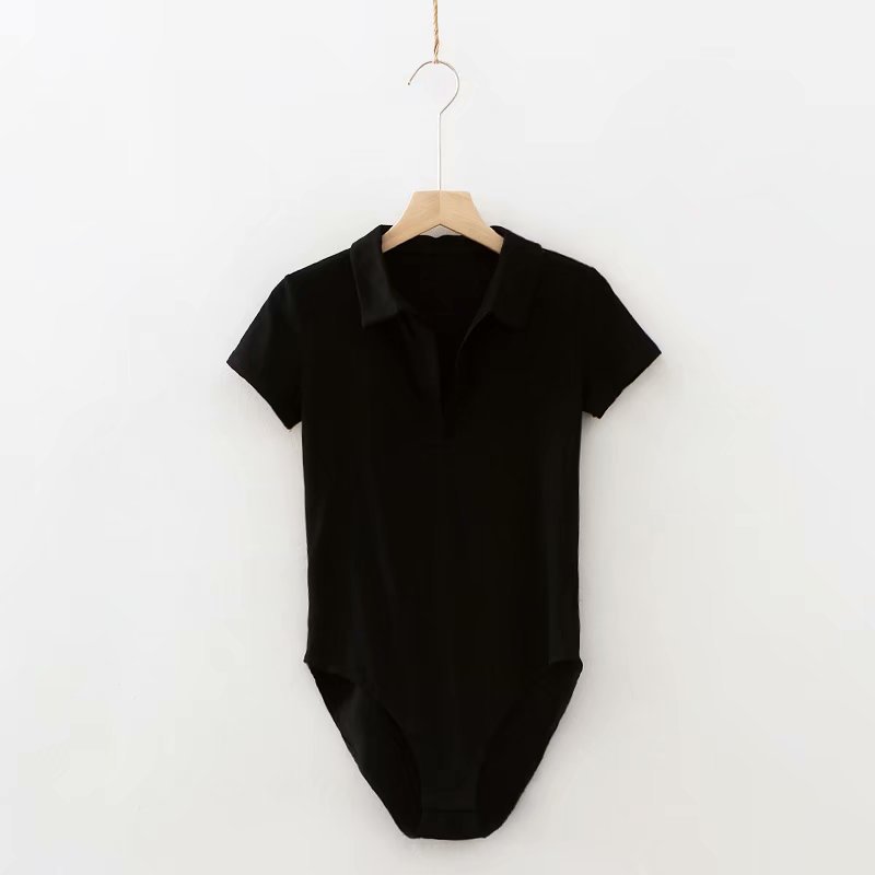 Bodysuit with Polo Collar in Black, Red or White - black front view