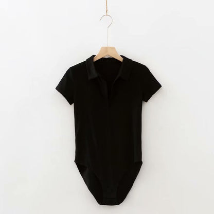 Bodysuit with Polo Collar in Black, Red or White - black front view