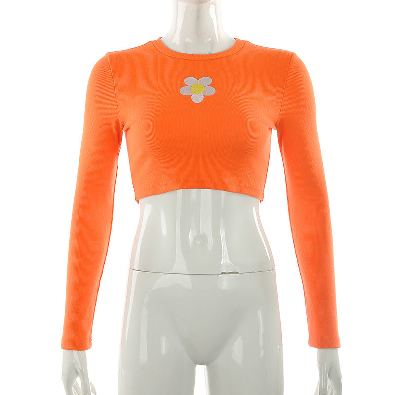 Crop Top in Orange Ribbed Knit with Daisy Applique - orange front mannequin view