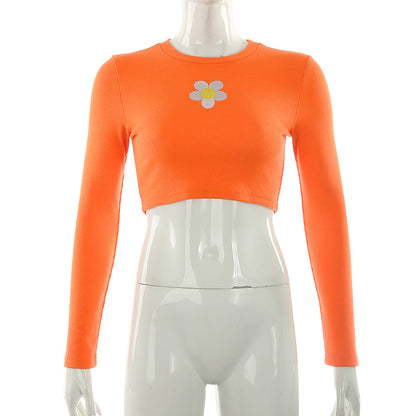 Crop Top in Orange Ribbed Knit with Daisy Applique - orange front mannequin view