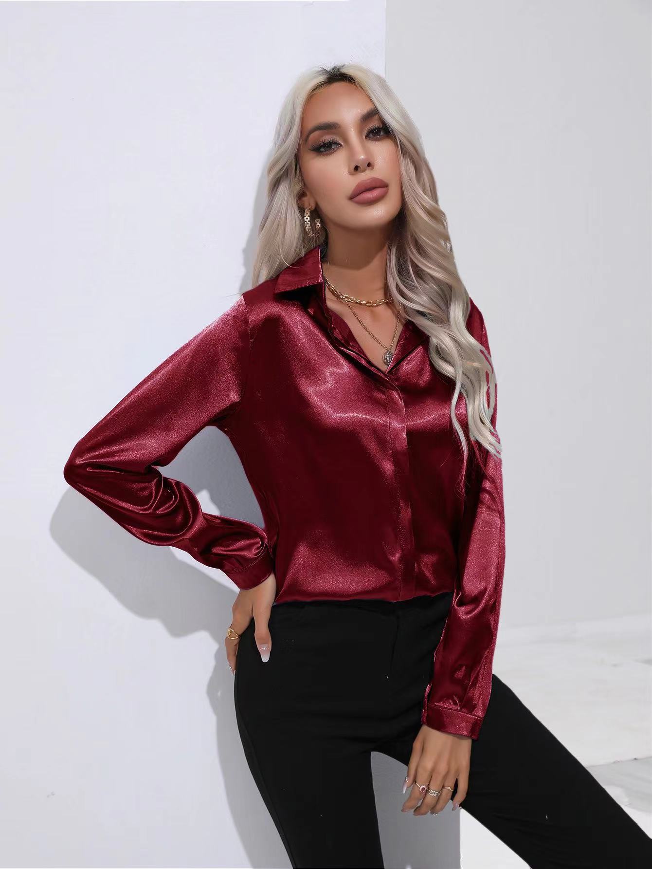 Blouse in Satin with Open Collar and Long Sleeves - dark red full-length front