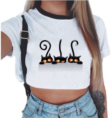 Crop T-Shirt in White with Graphic Print and Contrast Trim - white front with trio black cat print