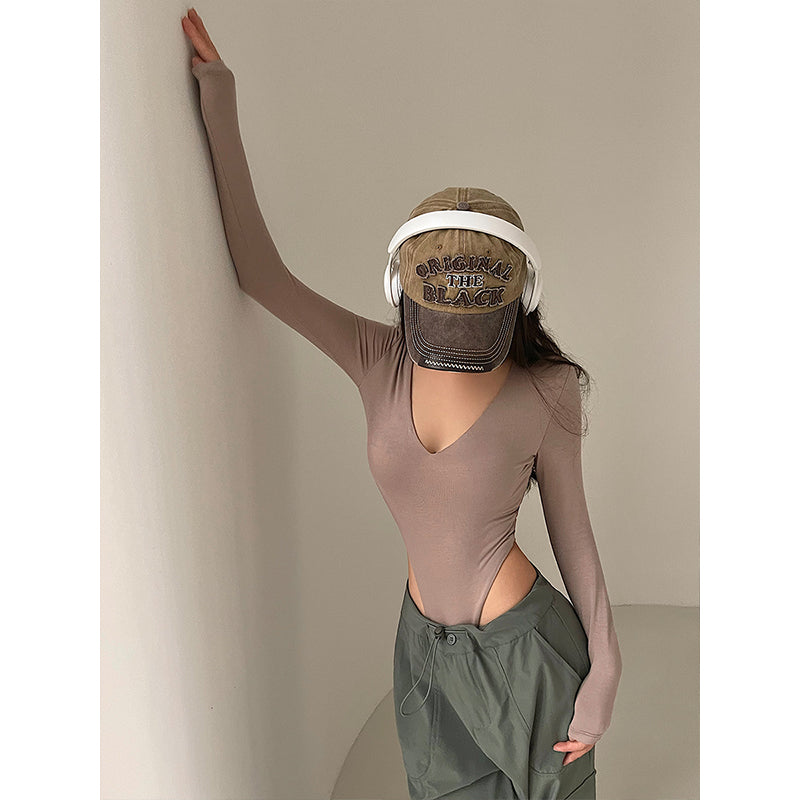 Bodysuit with V-Neck and Long Sleeves in Stretch Cotton - khaki full-length pose