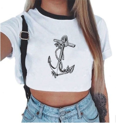 Crop T-Shirt in White with Graphic Print and Contrast Trim - white front with sketch anchor print